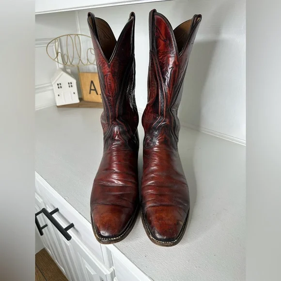 Vintage Lucchese Men’s 12B Cowboy Boots Brown Burgundy Handmade Leather Western - Picture 2 of 11